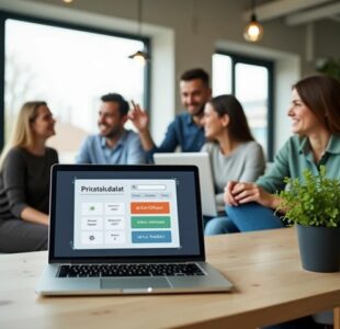 A cozy office space with a modern desk, a laptop displaying a price calculator interface, and a potted plant, with a group of smiling colleagues discussing ideas in the background.