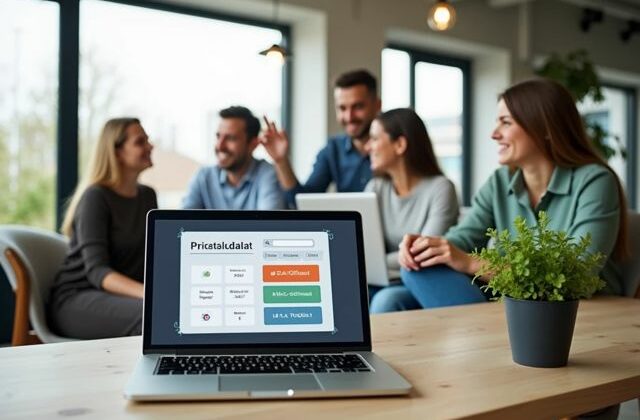 A cozy office space with a modern desk, a laptop displaying a price calculator interface, and a potted plant, with a group of smiling colleagues discussing ideas in the background.