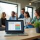 A cozy office space with a modern desk, a laptop displaying a price calculator interface, and a potted plant, with a group of smiling colleagues discussing ideas in the background.