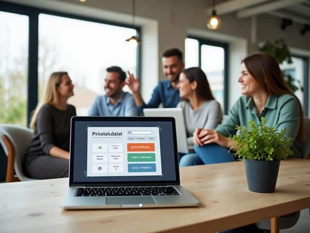 A cozy office space with a modern desk, a laptop displaying a price calculator interface, and a potted plant, with a group of smiling colleagues discussing ideas in the background.