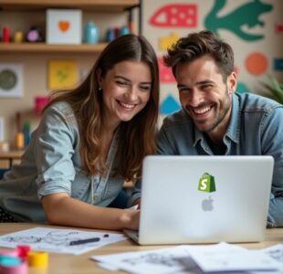 A vibrant workspace with colorful custom products displayed, a laptop open with Shopify on the screen, and two smiling individuals collaborating, surrounded by creative tools and design sketches.