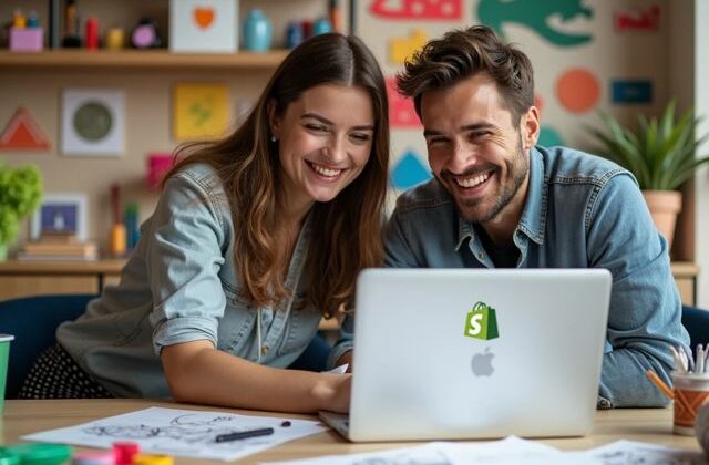 A vibrant workspace with colorful custom products displayed, a laptop open with Shopify on the screen, and two smiling individuals collaborating, surrounded by creative tools and design sketches.