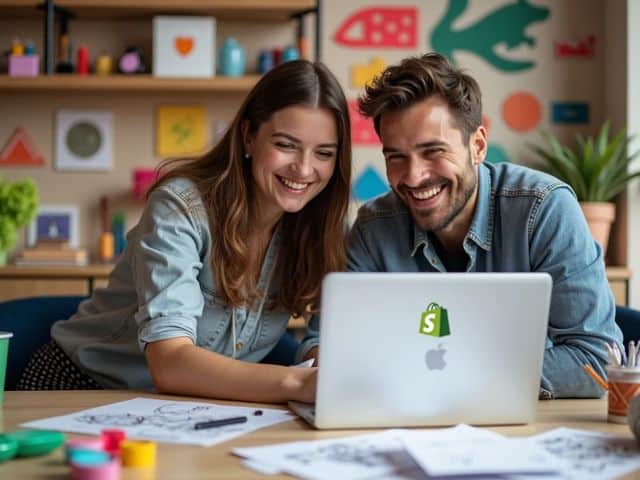 A vibrant workspace with colorful custom products displayed, a laptop open with Shopify on the screen, and two smiling individuals collaborating, surrounded by creative tools and design sketches.