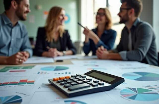 A vibrant workspace with a sleek real-time calculator on a desk, surrounded by charts and graphs, with a group of smiling colleagues discussing ideas in the background