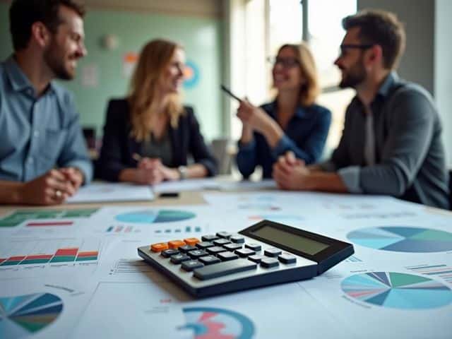 A vibrant workspace with a sleek real-time calculator on a desk, surrounded by charts and graphs, with a group of smiling colleagues discussing ideas in the background