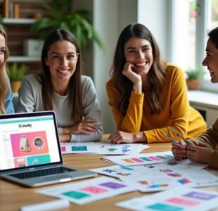 A vibrant e-commerce workspace featuring a laptop with a colorful Shopify interface, surrounded by customizable product samples, and a group of smiling individuals discussing ideas, with a bright and welcoming atmosphere.