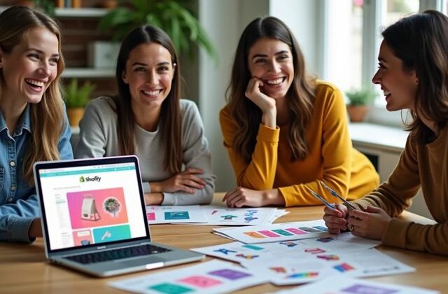 A vibrant e-commerce workspace featuring a laptop with a colorful Shopify interface, surrounded by customizable product samples, and a group of smiling individuals discussing ideas, with a bright and welcoming atmosphere.