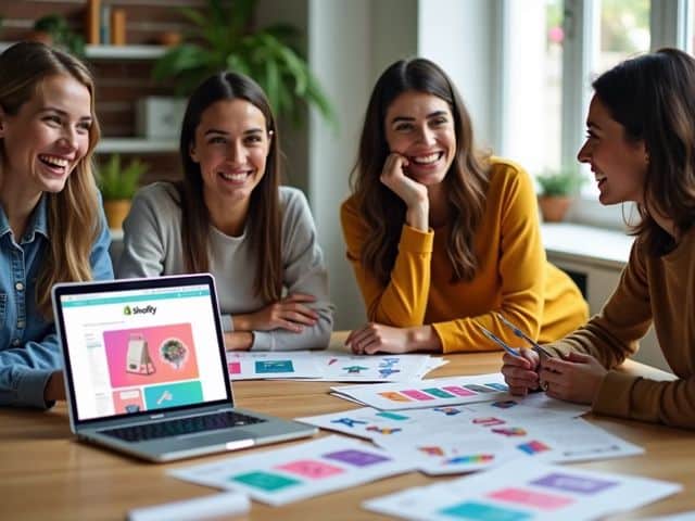 A vibrant e-commerce workspace featuring a laptop with a colorful Shopify interface, surrounded by customizable product samples, and a group of smiling individuals discussing ideas, with a bright and welcoming atmosphere.