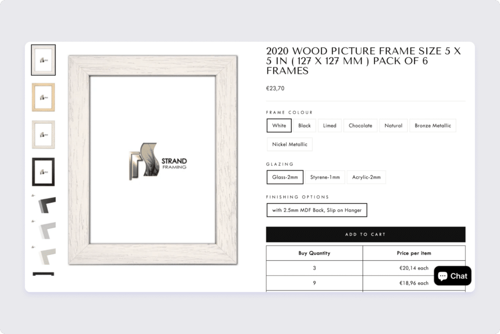 Custom framing and quantity breaks table on a product page